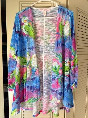 Leoma Lovegrove Blue Pink Green Tropical Parrot Cardigan. Size M